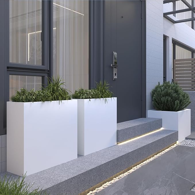 Galvanized Steel Metallic Heavy Planter for Outdoor Plants Metal Outdoor Planter Spliced Flower Box with Partitions for Outside,Indoor,Garden (White, 24 * 10 * 24)