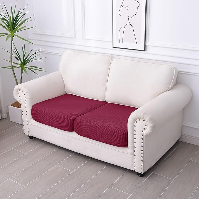hyha Waterproof Couch Cushion Covers for Pets, Non Slip Sofa Seat Cover for Dogs Washable, Soft Thick Stretch Jacquard Fabric, Sofa Slipcovers with Elastic Bottom (2 Pieces, Wine Red)