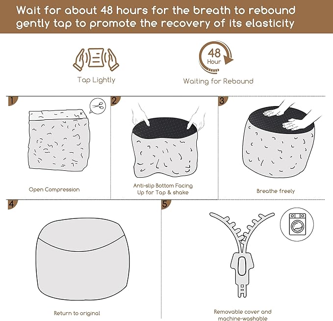 HIGOGOGO Round Stuffed Pouf Ottoman, Corduroy Poufs with High-Density Foam Filling, Furry and Fluffy Pouf Foot Stool Storage Ottoman, 20 X 15 Floor Poufs Foot Rest for Living Room, Brown