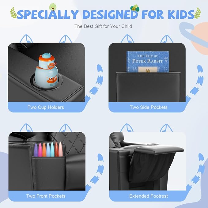 Kids Recliner Chair, Leather Push Back Kids Reclining Chair with Cup Holders & Side Pockets, Safety Adjustable Footrest Toddler Recliner for Age 3+, Kid Recliners for Girls Boys, Black