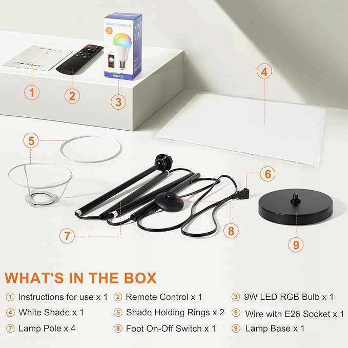 FRIDEKO HOME Floor Lamps for Living Room, Dimmable Colors Temperature & Brightness, Modern Floor Lamp Remote, Tall Standing Lamps for Kid Room Bedroom Office, White Lampshade 9W RGB Smart Bulb