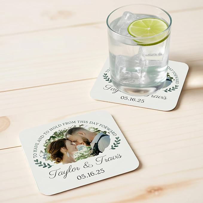 60 Pack Personalized Wedding Coasters, Custom Cardboard Coasters for Drinks with Photo Print and Text, Keepsake Wedding Favors and Gifts for Couples, 4x4 Square, Design 4