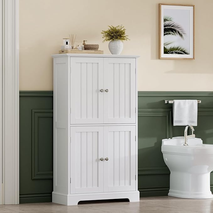 ChooChoo Bathroom Floor Cabinet, Modern Bathroom Storage Cabinet with 4 Doors and Adjustable Shelves, Freestanding Cupboard for Living Room, White