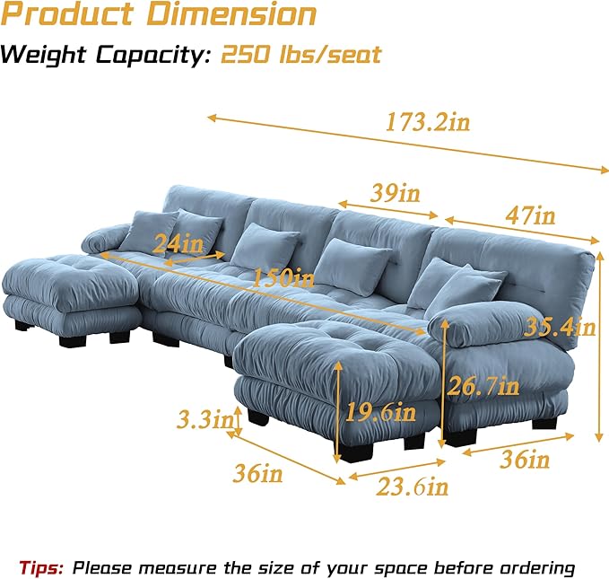 Modular Sectional Sofa, Comfy Cloud Couch 4 Seater Couch with Ottoman, Sectional Couches for Living Room, Modern Chenille U Shaped Couches, Sleeper Deep Seat Sofa with Throw Pillows, Blue