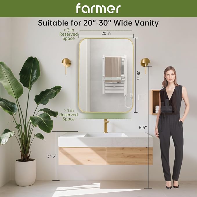 FARMER 20x28 Inch Gold Bathroom Mirror, Rectangle Vanity Mirror, Brushed Mirrors for Wall, Metal Frame Hanging Mirror with Round Corner for Bedrooms, Entryways, Living Rooms, Horizontal/Vertical
