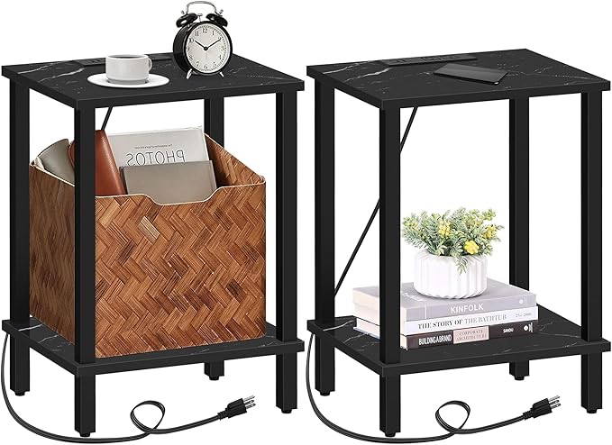 TUTOTAK End Table with Charging Station, Set of 2, Small Side Table, Nightstand Bedside Table, 2-Tier Storage Shelf for Small Space, Living Room, Bedroom Marble Black TB01BMK041