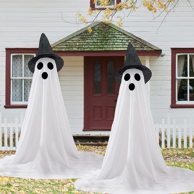 2 Packs Halloween Ghost Outdoor Decorations, 59” Light Up Ghost Decor with Remote Control, Adjustable Height Standing Halloween Lighted Ghost Kit with Witch Hat Ideal for Porch, Garden, Yard