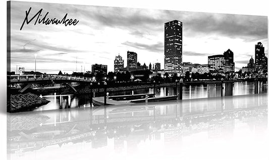 DJSYLIFE Milwaukee Skyline Wall Art Black and White Stretched Canvas Wall Art Prints for Bedroom or Office Decoration Ready to Hang 13.8" x 47.3"