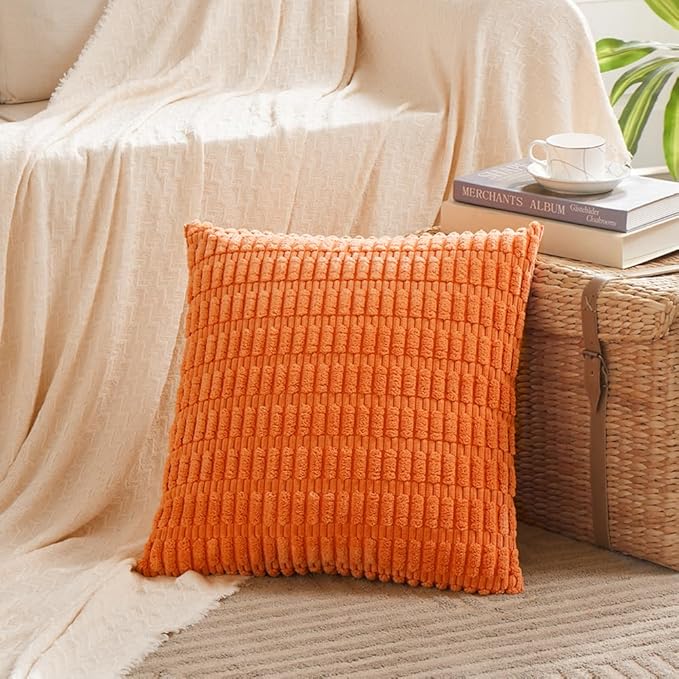Fancy Homi 4 Packs Orange Fall Decorative Throw Pillow Covers 14x14 Inch for Couch Bed Sofa, Halloween Pumpkin Autumn Home Decor, Soft Cute Plush Corduroy Striped Cushion Case 35x35 CM
