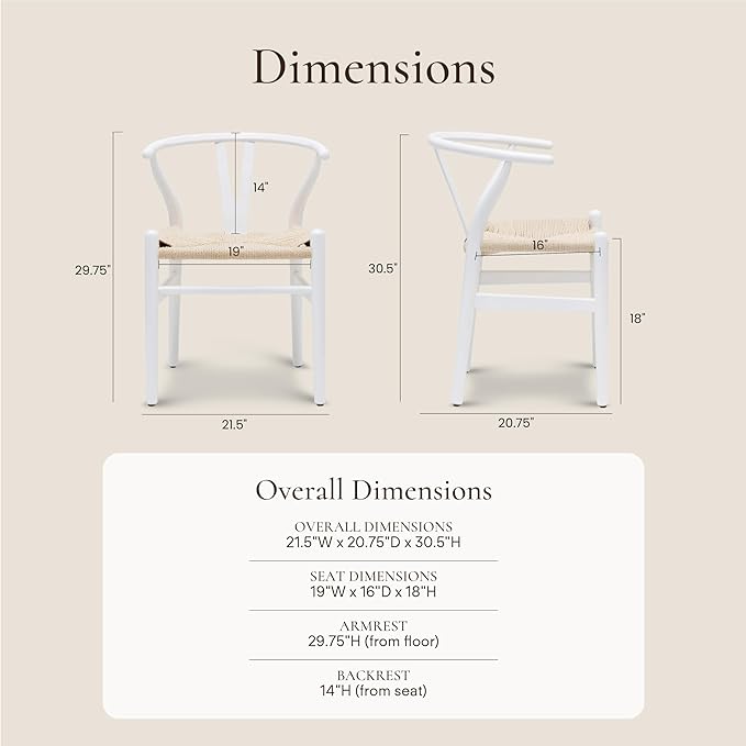 POLY & BARK Weave Dining Chair – Mid-Century Modern Wishbone Dining Chair with Arms, Solid Wood Frame, Indoor Use – White – Single - Ideal for Dining Room, Kitchen or Stylish Accent Setting