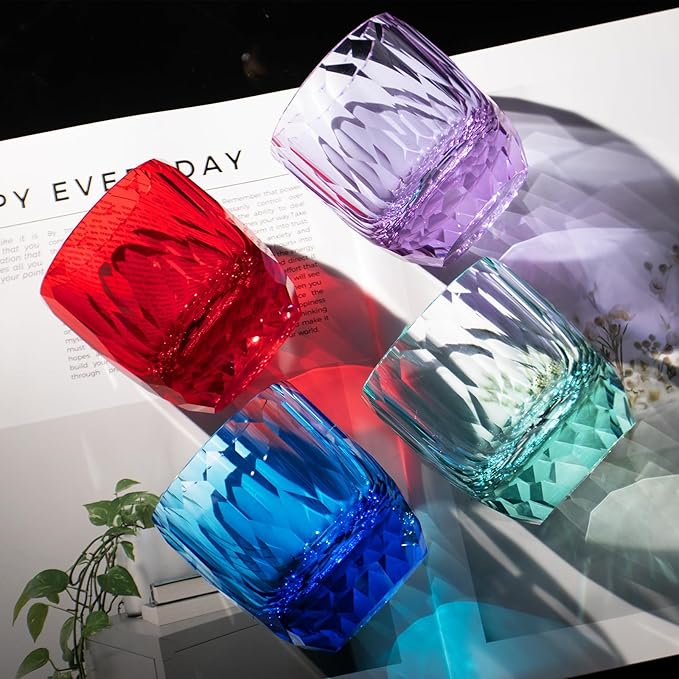 KAMMAK Crystal Whiskey Glasses Set of 2, 7oz Old Fashioned Glasses Stemless, Hand Blown Colored Cocktail Glasses, Engagement Gifts for Couples, Women, Men