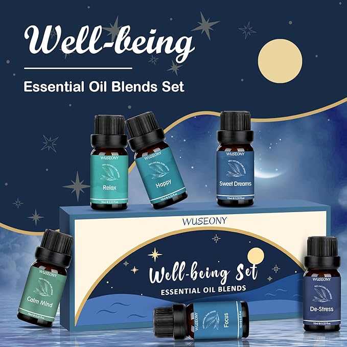 Well-Being Essential Blends Oils Set, Aromatherapy Oils Gift Set for Diffusers Home, Fragrance Oil Scent for Candle Soap Making - Happy, Calm Mind, De-Stress, Relax, Focus, Sweet Dreams