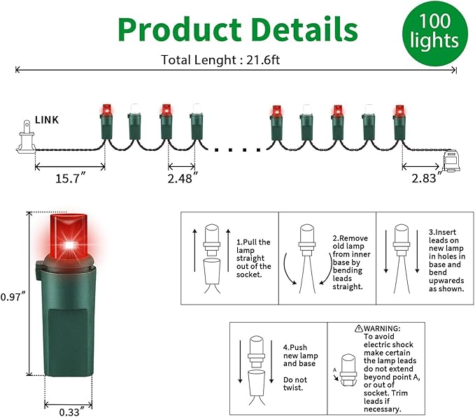 100 Count RED and White - String Lights - 21.6FT LED Christmas Lights, Mini led Lights for Indoor Outdoor Home Holiday Party Wedding Independence Day Decoration