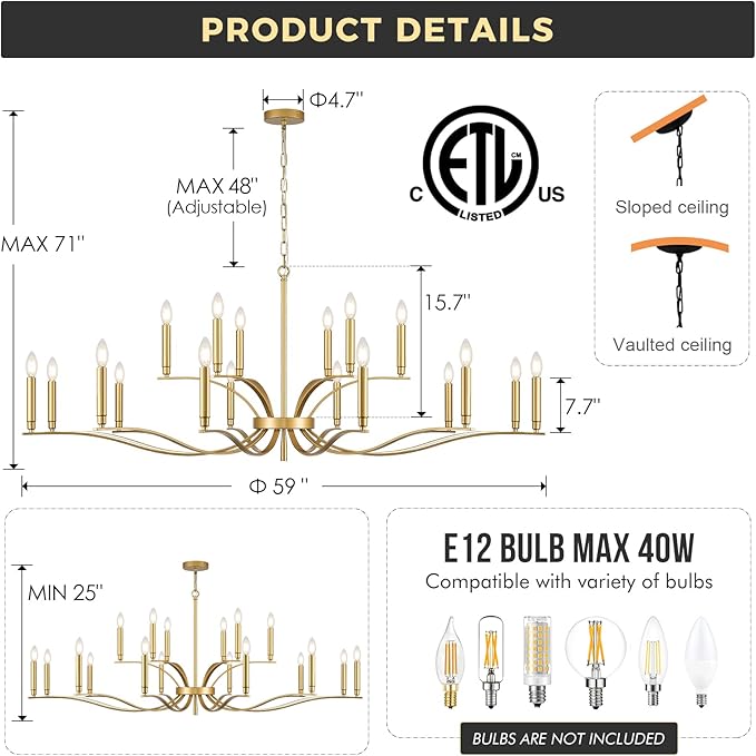 18 Light Gold Living Room Chandelier High Ceiling Foyer Candle Chandelier Large Modern Brass 59in Metal Chandeliers Hanging Light for Master Bedroom Dining Room Light Fixture Over Table