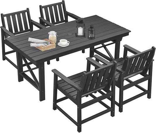 HDPE Patio Dining Set, 5-Piece Outdoor Table and Chairs with Umbrella Hole, Modern Outdoor Dining Set for 4, HDPE Outdoor Patio Furniture Dining Sets for Deck, Poolside, Porch, Obsidian