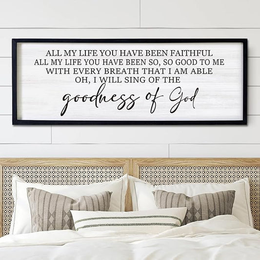 Goodness of God Framed Wall Art, 40''×15'' Positive Religious Black Bible Verse for Christian God Jesus Christ Prayer, Vintage Rustic Long Holy Catholic Scripture Decor
