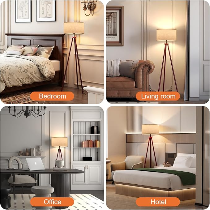 LiteHistory Wood Tripod Floor Lamps for Bedroom, Living Room, and Office, Corner lamp with Beige Linen Shade, 12W Three-Color Bulb Included, Pull Chain Switch, Gifts for mom for Home Decor, Walnut