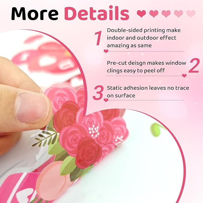 DC-BEAUTIFUL 107 PCS Valentines Window Clings, 9 Sheets Double-Sided Pink Love Heart Gnome Valentine Decoration Window Stickers, Reusable Static Holiday Window Decals for Home Wedding Party Decors
