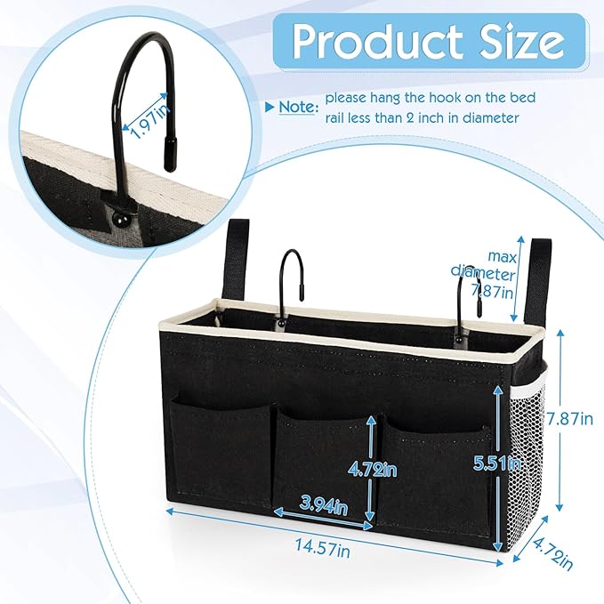 Bedside Storage Caddy/Bedside Hanging Storage Bag for Headboards Bunk Beds Dorm Rooms Book Phone Magazine Holder (New Black)