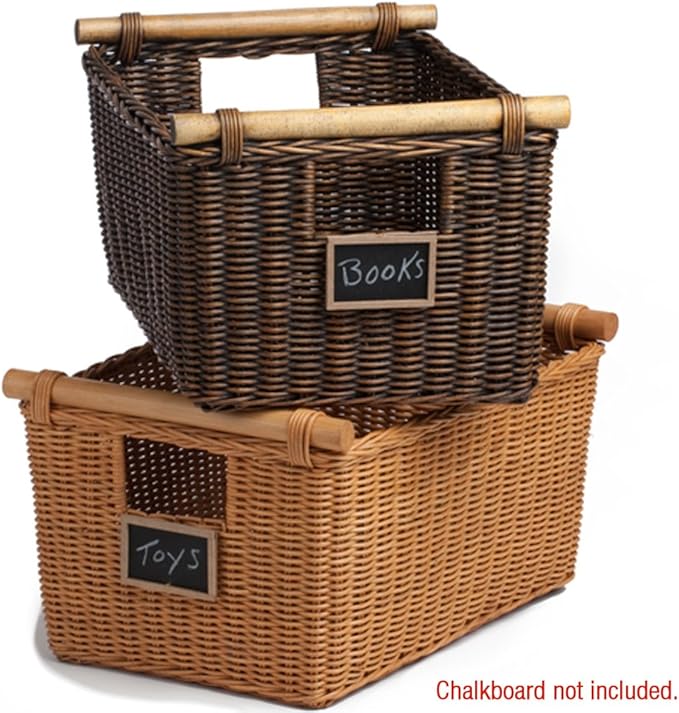 The Basket Lady Pole Handle Wicker Storage Basket, Small, 14 in L x 10 in W x 7.5 in H, Antique Walnut Brown