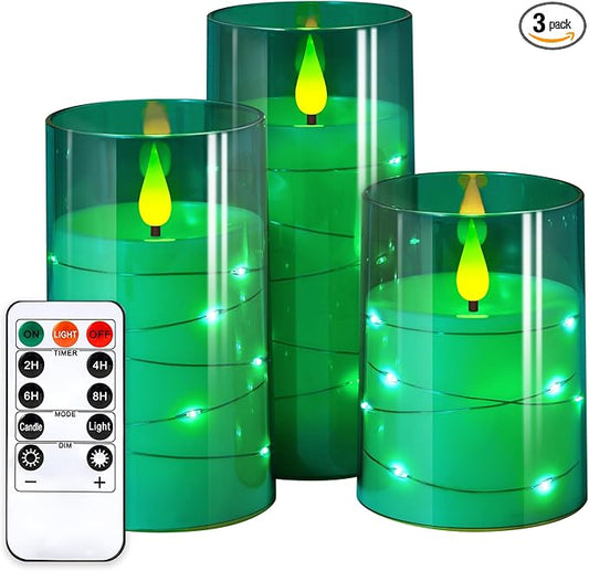 NURADA Flickering Flameless Candles: Built-in Star String Acrylic Battery Operated LED Pillar Candles with Remote and Timer for Home Party Weddings Christmas Halloween Decor -Green 3 Pack