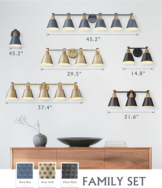 FEMILA 5 Light Bathroom Vanity Light, 37.4" Bathroom Lighting Fixtures Over Mirror, Blue Finish, E26 Base, 4FG59B-5W Blue