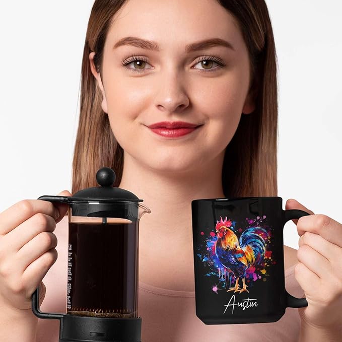 Customized Name Rooster Coffee Mug - Gift for Men Women, Personalized Black Cup, Unique Chicken Ceramic 11oz 15oz, Funny Colorful Themed
