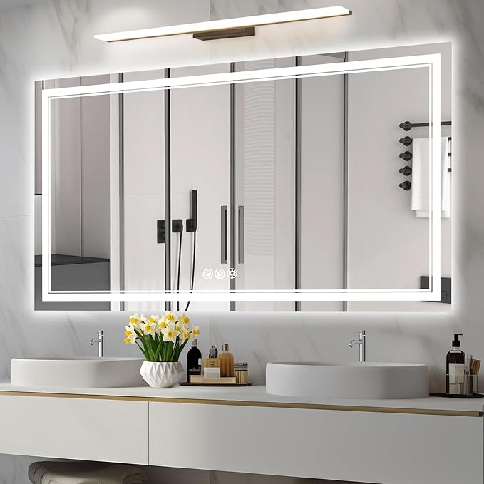55x30 Inch Led Mirror for Bathroom with Front Light and Backlit, Dimmable Anti Fog Wall Bathroom Mirror with Led Lights, Water Proof, Decor Vanity Mirror