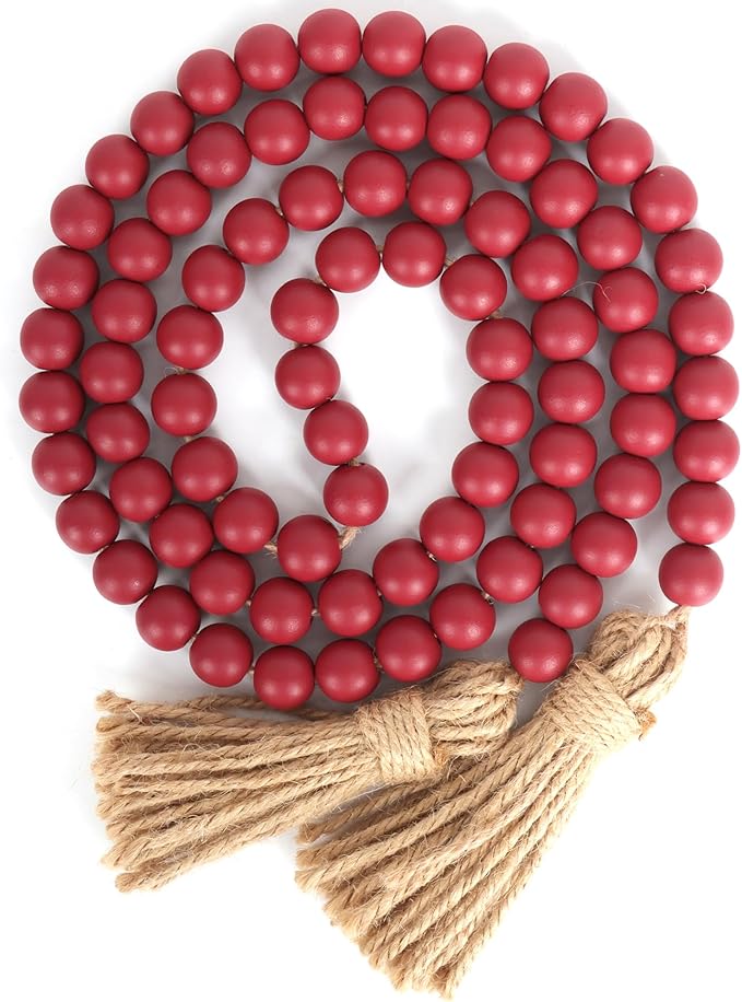 58in Wood Bead Garland with Tassels, Farmhouse Rustic Country Decor Prayer Boho Wall Hanging Decoration (Burgundy)