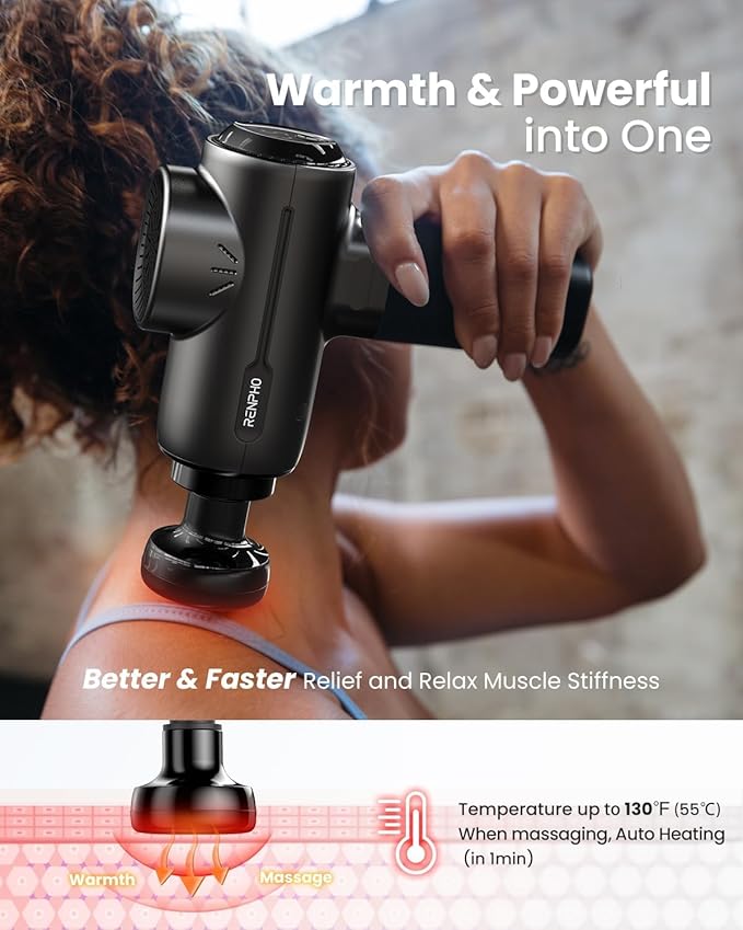 RENPHO Massage Gun with Heat, Portable Percussion Massager with Bluetooth for Back and Neck, Gifts for Men and Women, Carry Case, Active+ Thermal