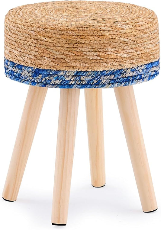 Handwoven Outdoor Ottoman, Water Hyacinth Pouf Round Patio Footstool with Wood Legs, 17-Inch Multipurpose Vanity Stool, Dining Chair, Patio Footrest for Balcony and Garden, Blue