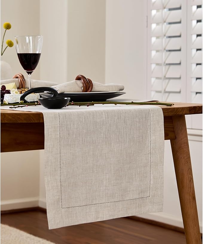 Solino Home Linen Light Natural Table Runner 36 Inches - Classic Hemstitch, 100% Pure Linen Coffee Table Runner 14 x 36 Inch Ideal for Dresser Tables - Fall, Autumn, Halloween, Thanksgiving