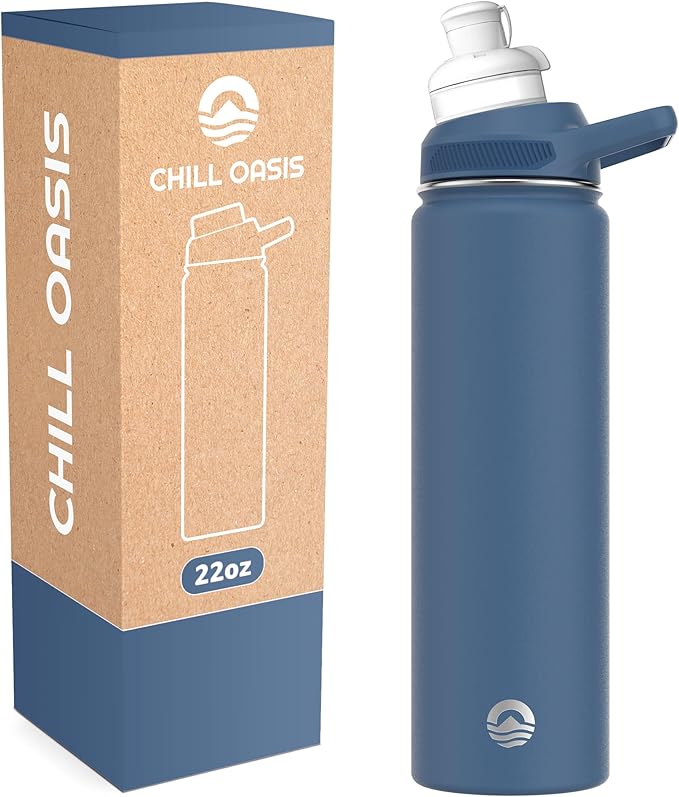 Chill Oasis Water Bottle | Compatible With Popular Flavor Cartridges | BPA Free, Leak Proof, Double-Walled Vacuum Insulated Stainless Steel, and Dishwasher Safe | Cold for 24 Hours (Navy, 22oz)