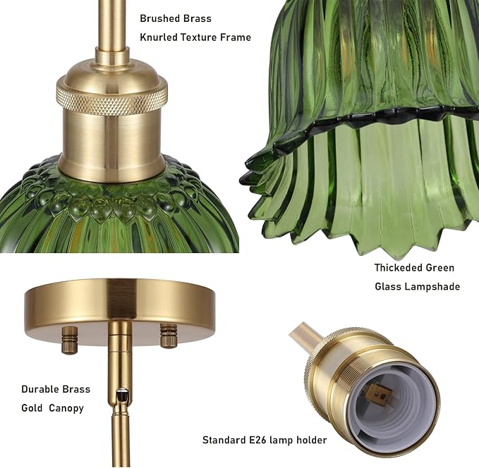 Modern Gold Pendant Light Brushed Brass Mid Century Chandelier Green Glass Shades Adjustable Rods Farmhouse Ceiling Hanging Lighting Fixture Kitchen Island Dining Room Bedroom