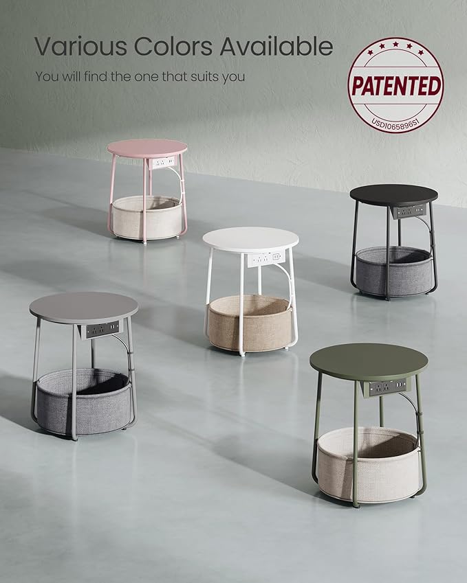 VASAGLE Side Table with Charging Station, Round End Table with Fabric Basket, Nightstand with Power Outlets, USB Ports, for Living Room, Bedroom, Modern, Forest Green and Cream White ULET228C04