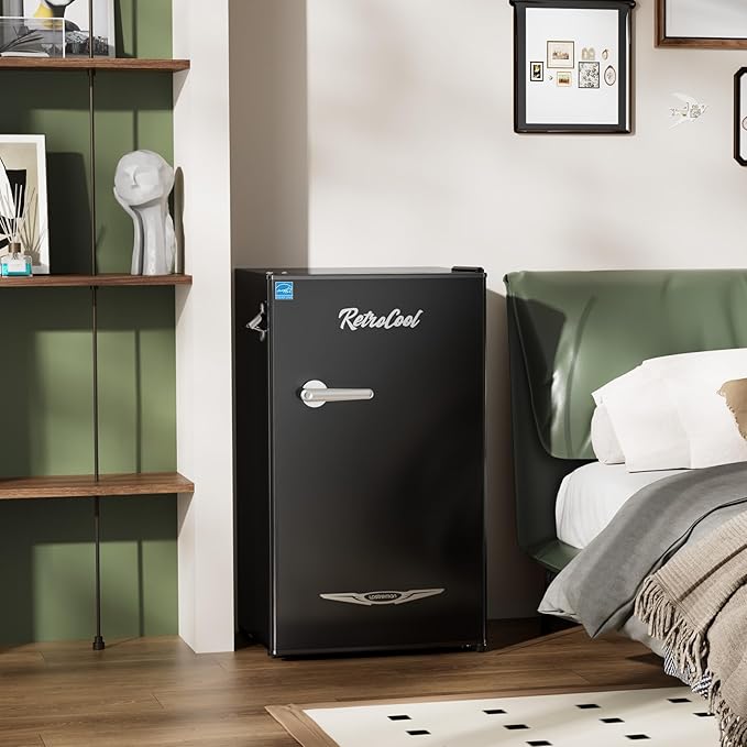 Upstreman 3.2 Cu.Ft Retro Mini Fridge with Bottle Opener, Energy Saving, Adjustable Thermostat, Metal Handle, LED Lamp, Mini Refrigerator for Bedroom, Office, Dorm-BR321 PRO (Black)