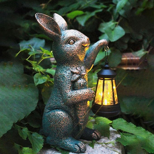Solar Garden Statues -Rabbit Lantern Outdoor Handmade Resin Statue with LED Light, Cute Carrot Holder for Patio, Yard, Gift Ideas (rabbit2)
