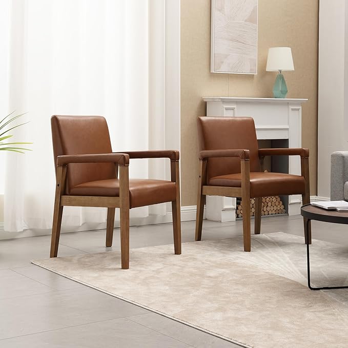 Mid Century Modern Dining Chairs Set of 4 Faux Leather Upholstered Living Room Side Chair, Kitchen Arm Chair with Solid Wood Legs for Home Kitchen & Restaurant, PU Brown