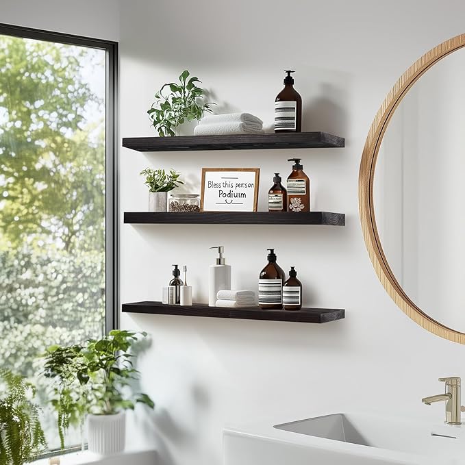 Floating Wall Shelves 3-Pack - 24-Inch Rustic Black Wooden Shelves for Storage and Décor, Easy Installation for Living Room, Bedroom, and Kitchen