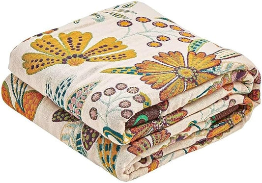 Boho Throw Blanket, 100% Cotton Ultra Soft Luxury Throw Rustic Quilt, 90"x98" Floral Printed Farmhouse Decor Bed Summer Blankets, All Season Rustic Reversible Bohemian Throw for Bed - White