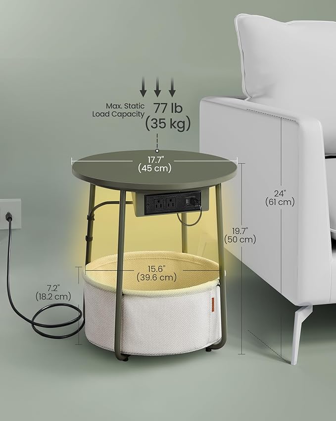 VASAGLE Side Table with Charging Station, Round End Table with Fabric Basket, LED Nightstand with Power Outlets, USB Ports, for Living Room, Bedroom, Modern, Forest Green and Cream White ULET227C01