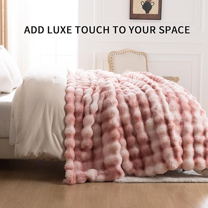 Cozy Faux Fur Throw Blanket for Couch-Warm Fuzzy Throw Blanket, Soft Plush Thick Bubble Blankets for Bedroom and Living Room, Furry Luxury Blanket, 50 x 60, Tie-Dye Pink