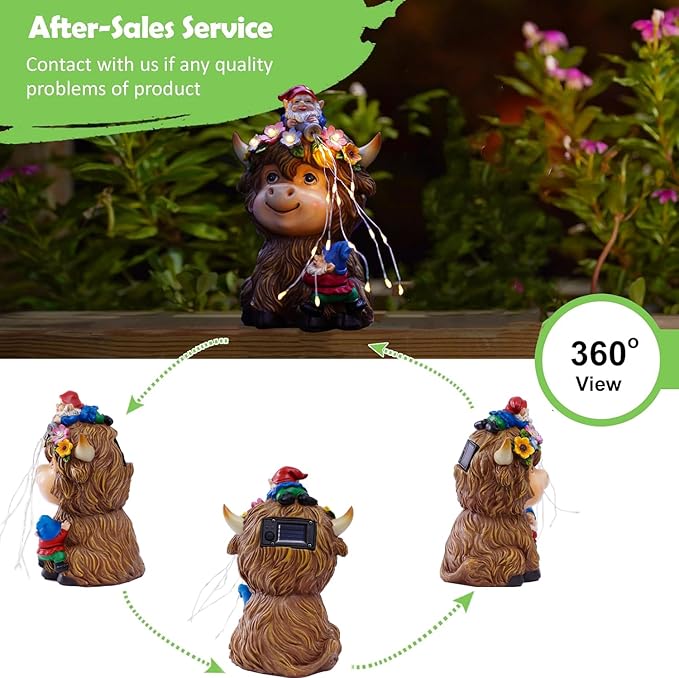 Solar Highland Cow Outdoor Statues for Garden: Outside Decor with Funny Gnomes Clearance for Yard Art Lawn Ornaments Porch Patio Balcony Home House - Birthday Gifts for Grandma Mom Women(Cow Gnome)