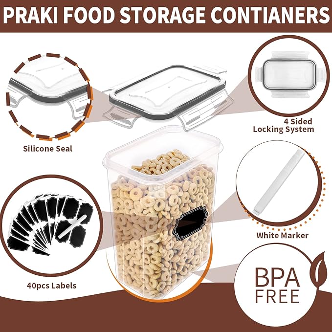 PRAKI Airtight Food Storage Containers Set with Lids - 24 PCS, BPA Free Kitchen and Pantry Organization, Plastic Leak-proof Canisters for Cereal Flour & Sugar - Labels & Marker(Grey)