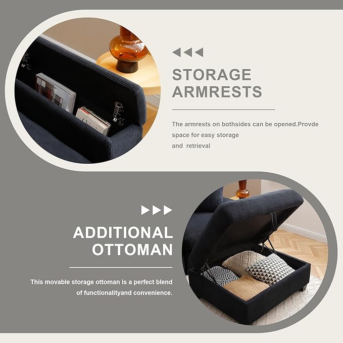 120.3" Modern L-Shaped Sectional Sofa with 360°Swivel Drop-Down Table, Storage Armrest, USB Ports & Movable Storage Ottoman – Plush Linen Cloud Couch for Lounge (Black)