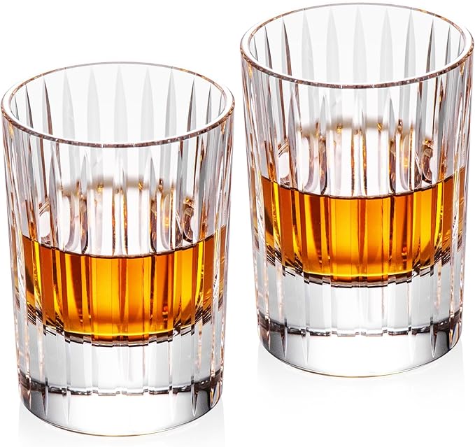 KAMMAK Crystal Whiskey Glasses Set of 2, Handcrafted 3.38oz Liquor Glasses, Luxury Old Fashioned Glasses Stemless, Hand Blown Scotch Cup for Women, Men Barware Gift for Cocktail, Bourbon