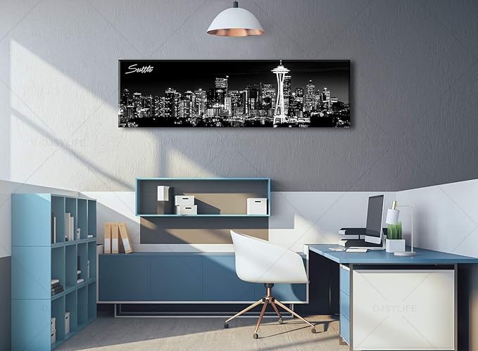 Seattle City Skyline Wall Art Black and White Canvas Prints Panorama Cityscape Picture Night View Painting Poster Modern Artwork Home Decor for Office Living Room - Ready to Hang 13.8" x 47.3"