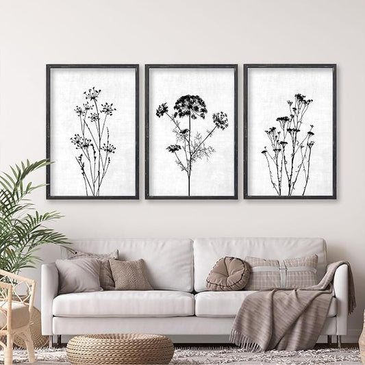 Flower Plant Wall Art Decor 16"x11" Set of 3 Black And White Botanical Painting Wood Framed For Minimalist Bedroom Office Rustic Living Room Abstract Wildflower Sign Hanging (Black)