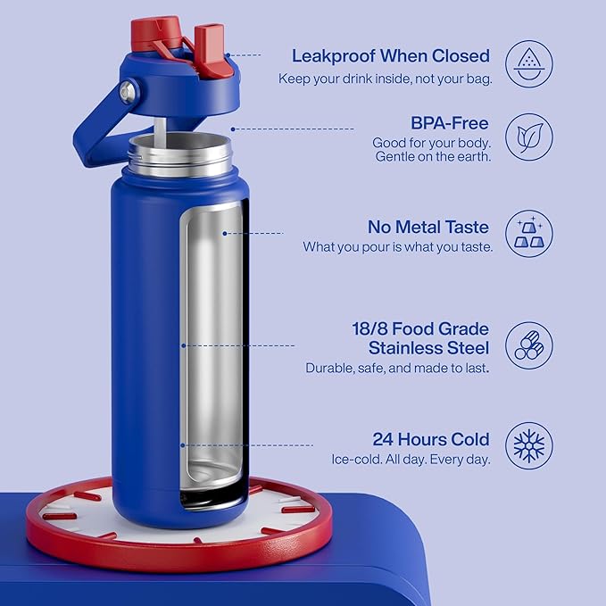 Insulated Water Bottle with Straw Stainless Steel Water Bottle, Leak-Proof, BPA-Free, Double Wall Vacuum Keeps Cold for 24 Hours for Sports, Travel, School (32 oz, Beaucoup Blue)