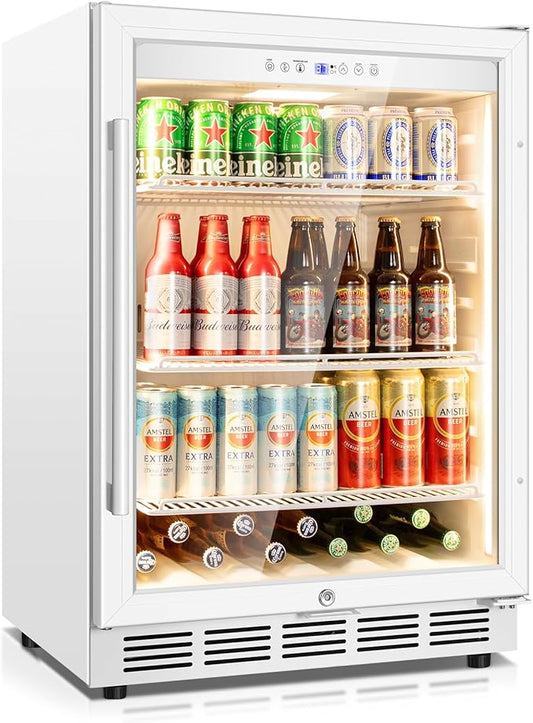 Tylza Beverage Refrigerator 24 Inch, Under Counter/Freestanding Drink Fridge, 190 Cans Beverage Cooler with Glass Door, Reversible Door, Low Noise, Quick Cooling - for Beer, Soda, ETC, White